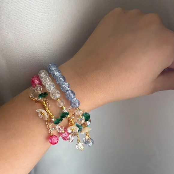 3 Floral Crystal Drop Glass Bead Bracelets - Picture 2 of 4